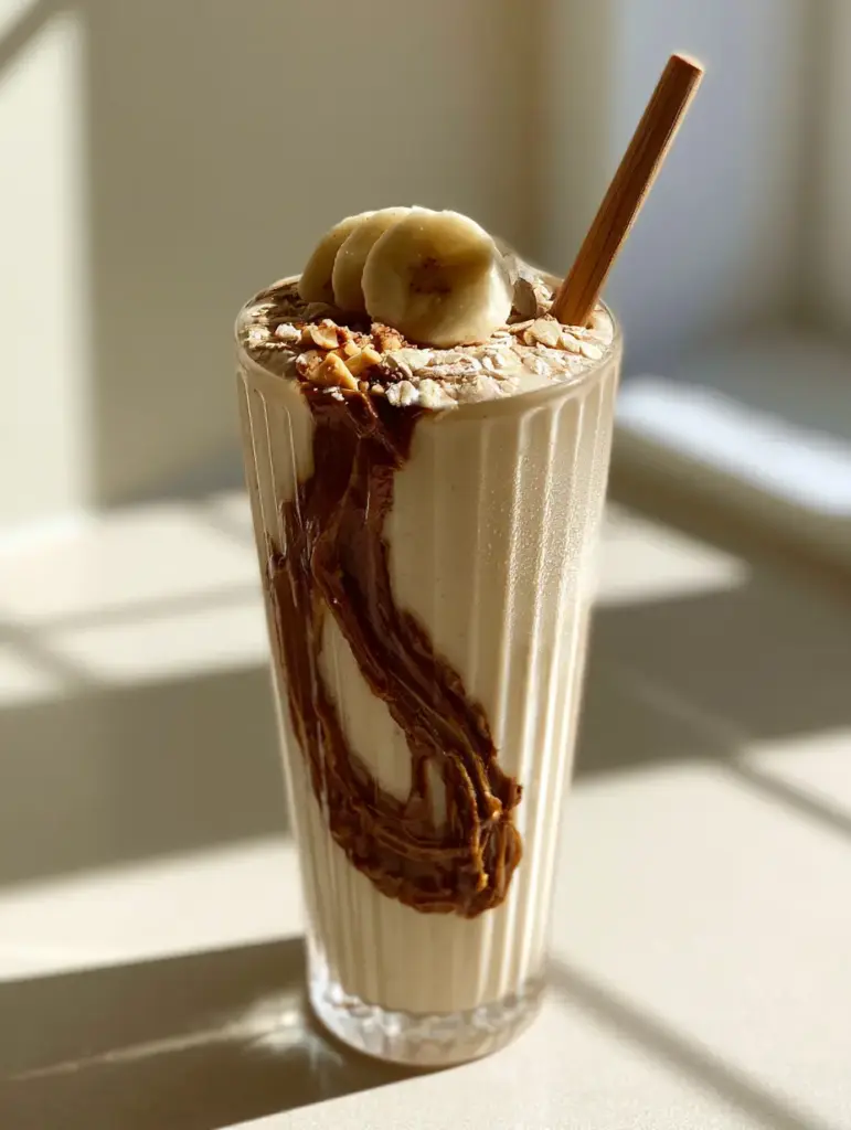 Banana Oatmeal Peanut Butter Smoothie: The Ultimate Creamy Breakfast 1 Side view of a ribbed glass featuring a dark roasted peanut butter swirl and fresh banana topping.