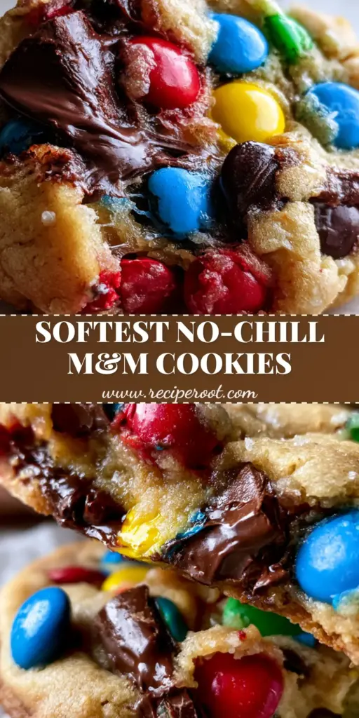 Soft M&M Chocolate Chip Cookies (Bakery-Style & Gooey) 3 A stack of thick soft m&m chocolate chip cookies with melted chocolate and glossy candies on crumpled parchment paper.
