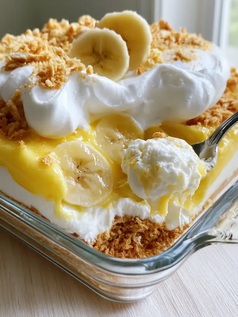Banana Pudding Lush: The Ultimate 10-Minute No-Bake Layered Dessert 1 A rectangular glass baking dish filled with Banana Pudding Lush on a light wooden table in natural light. (Banana Pudding Lush)