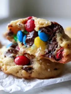 Extreme macro close-up of soft m&m chocolate chip cookies being pulled apart to reveal a gooey steaming center.