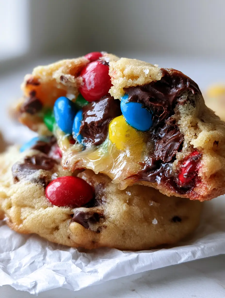 Soft M&M Chocolate Chip Cookies (Bakery-Style & Gooey) 4 Extreme macro close-up of soft m&m chocolate chip cookies being pulled apart to reveal a gooey steaming center.