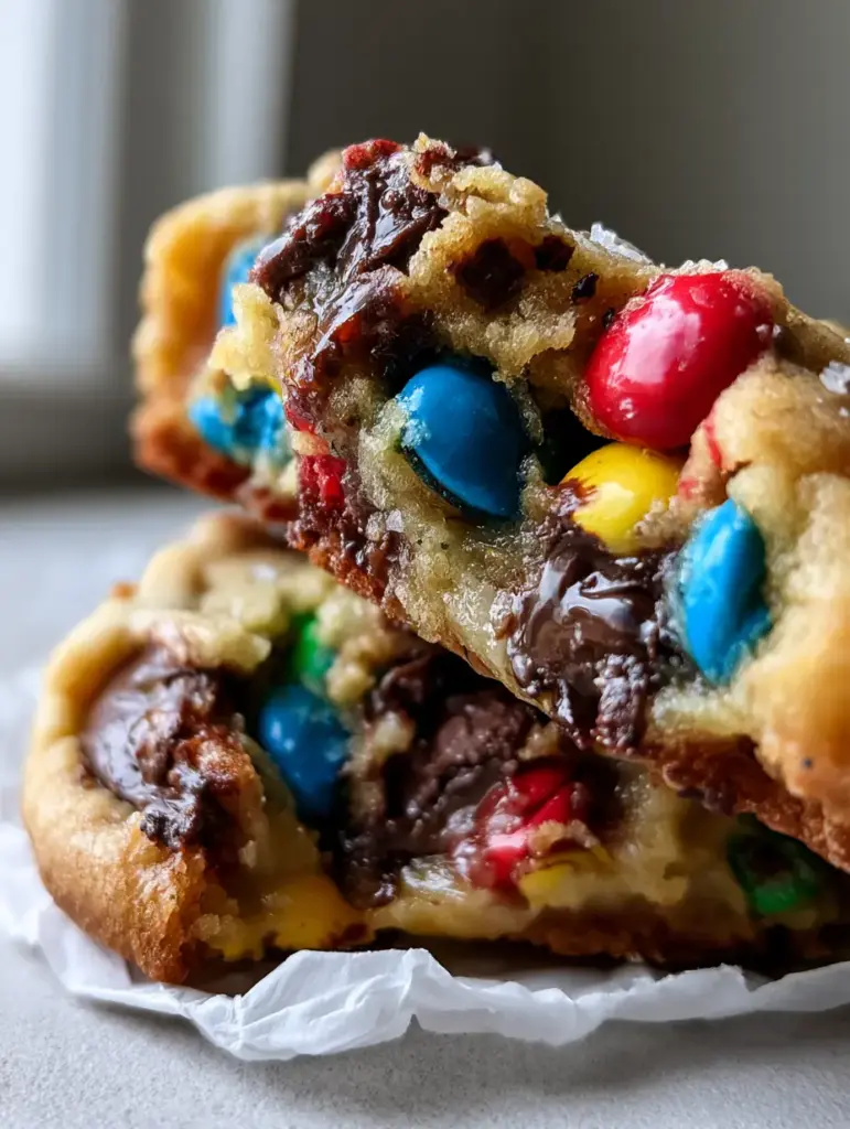 Soft M&M Chocolate Chip Cookies (Bakery-Style & Gooey) 1 Close up of buttery cookie dough with glossy red and blue M&Ms and large dark chocolate chunks.