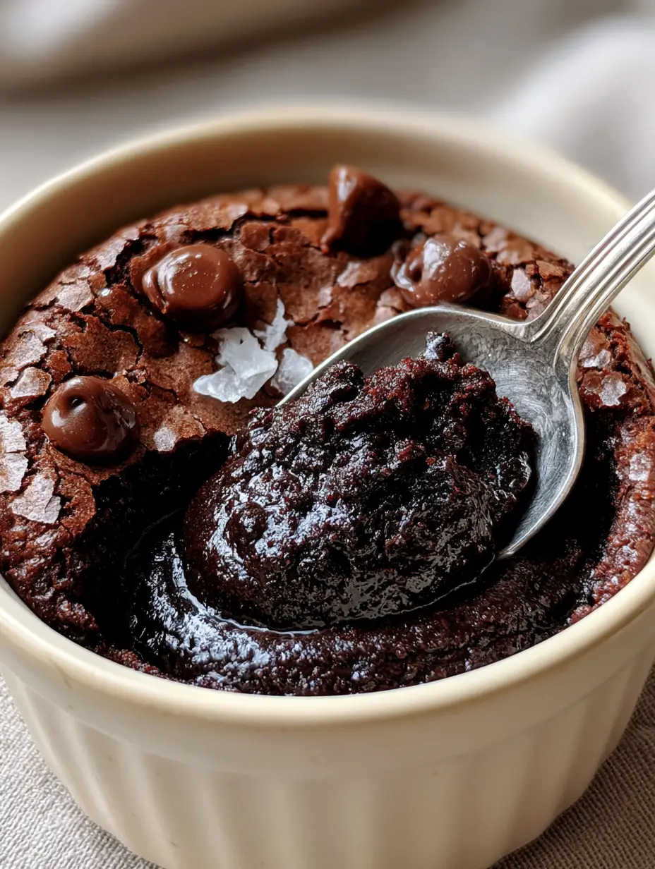 Microwave Brownie: The Ultimate 60-Second Fudgy Mug Cake 3 Macro shot of a microwave brownie showing a crackled crust and glistening semi-sweet chocolate chips.
