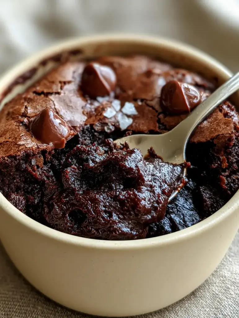 Microwave Brownie: The Ultimate 60-Second Fudgy Mug Cake 1 A silver spoon scooping into a microwave brownie revealing an ultra-moist molten fudgy center.