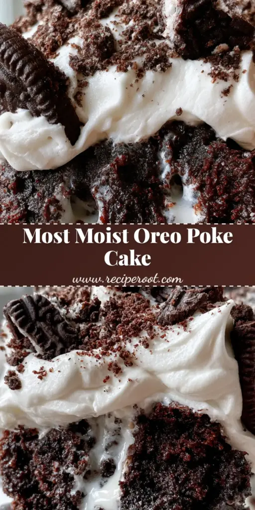 Oreo Poke Cake: The Ultimate Fudgy Chocolate & Cream Dessert 4 A close-up vertical slice of Oreo Poke Cake showing the moist chocolate layers, white pudding tunnels, and thick whipped cream topping.