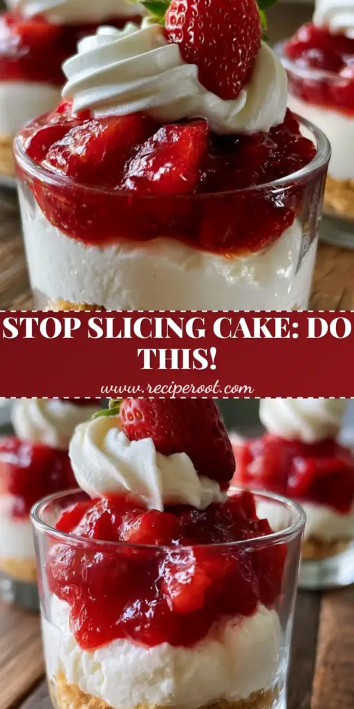 Dessert Cup Recipes: No-Bake Strawberry Cheesecake Mini Jars 4 Three elegant mini glass dessert cup recipes featuring layers of graham cracker crumbs, cheesecake mousse, and chunky strawberry compote on a rustic table. (dessert cup recipes)