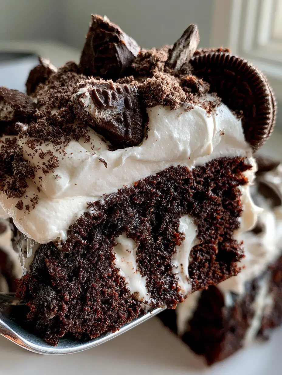 Oreo Poke Cake: The Ultimate Fudgy Chocolate & Cream Dessert 3 A handheld scoop of Oreo Poke Cake on a fork, revealing the creamy white vanilla seep and dark cocoa crumb texture.