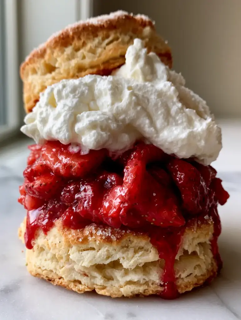 Homemade strawberry shortcake with Flaky Buttermilk Biscuits 2 Extreme close-up of a Homemade strawberry shortcake showing the craggy, flaky texture of the golden-brown biscuit crust and sanding sugar.