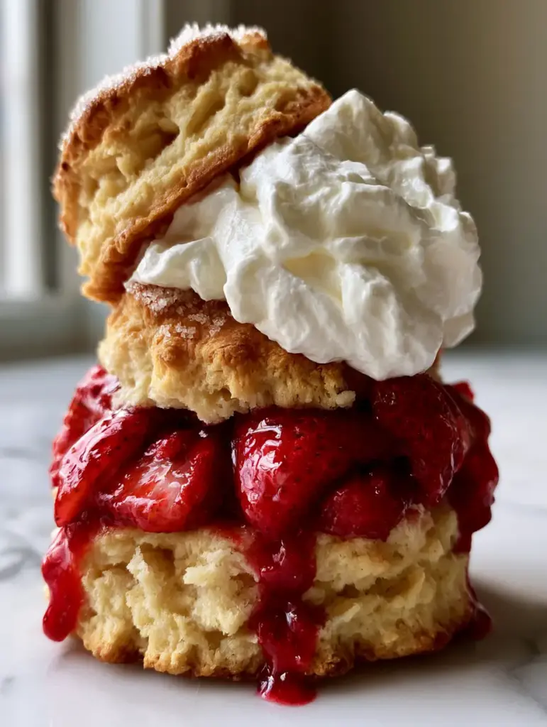 Homemade strawberry shortcake with Flaky Buttermilk Biscuits 1 Side view of macerated strawberries and glossy syrup drizzling down the side of a golden buttermilk biscuit shortcake.