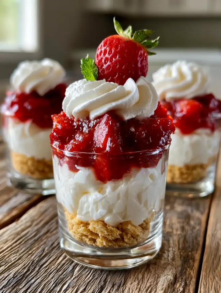 Dessert Cup Recipes: No-Bake Strawberry Cheesecake Mini Jars 2 A close-up eye-level shot of three elegant mini glass jars containing layered strawberry cheesecake dessert cup recipes. (dessert cup recipes)