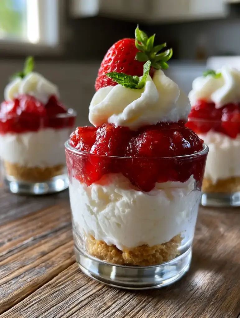 Dessert Cup Recipes: No-Bake Strawberry Cheesecake Mini Jars 1 Detailed view of the chunky strawberry compote topping the whipped cream peaks in these dessert cup recipes.
