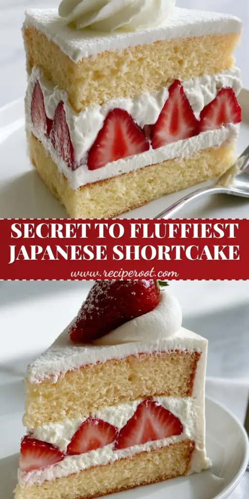 Japanese Strawberry Shortcake: The Ultimate Light and Airy Recipe 4 A vertical close-up of a Japanese strawberry shortcake slice with three layers of pale golden sponge, white cream, and strawberry hearts.