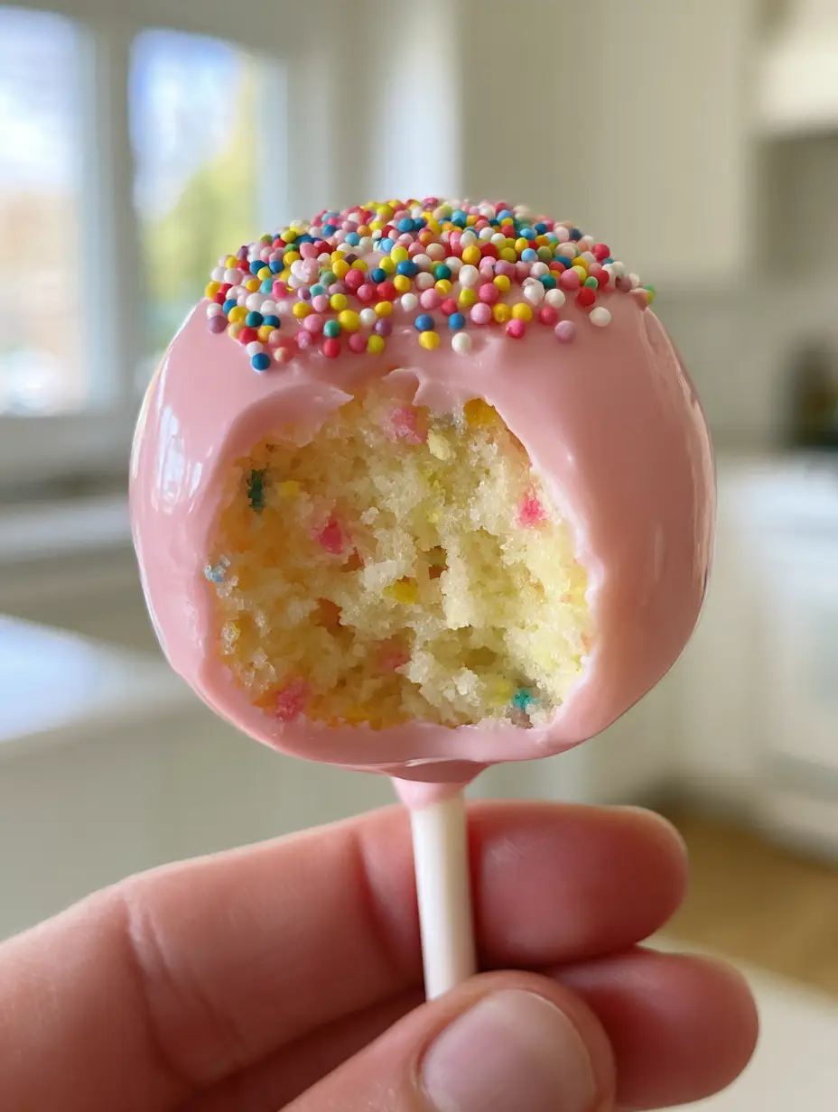 Funfetti Cake Pops: The Ultimate Moist & Glossy Pink Dessert 3 A close-up of a hand holding a funfetti cake pop with a bite taken out, showing the moist white cake and rainbow sprinkles inside. (funfetti cake pops)
