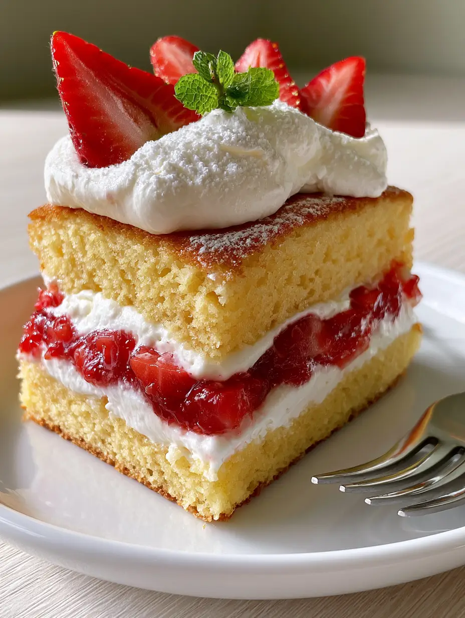 Strawberry Shortcake Cake: The Ultimate Fluffy & Moist Layered Recipe 3 Low-angle extreme close-up of a Strawberry Shortcake Cake slice showing the airy crumb and non-soggy whipped cream boundary.