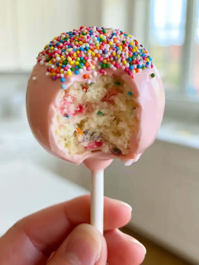 Funfetti Cake Pops: The Ultimate Moist & Glossy Pink Dessert 1 Eye-level view of a glossy pink chocolate coated cake pop decorated with rainbow nonpareils.