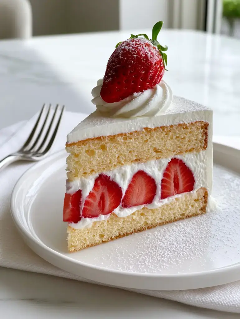 Japanese Strawberry Shortcake: The Ultimate Light and Airy Recipe 2 A single slice of Japanese strawberry shortcake on a white ceramic plate with a glossy strawberry garnish and sharp cream edges.