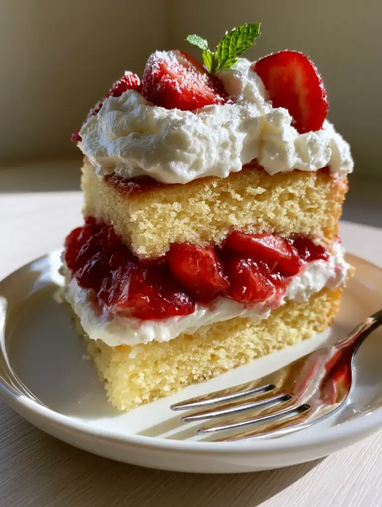 Strawberry Shortcake Cake: The Ultimate Fluffy & Moist Layered Recipe 1 Macro shot of macerated glossy strawberry slices and snow-white stabilized whipped cream on a golden vanilla cake.