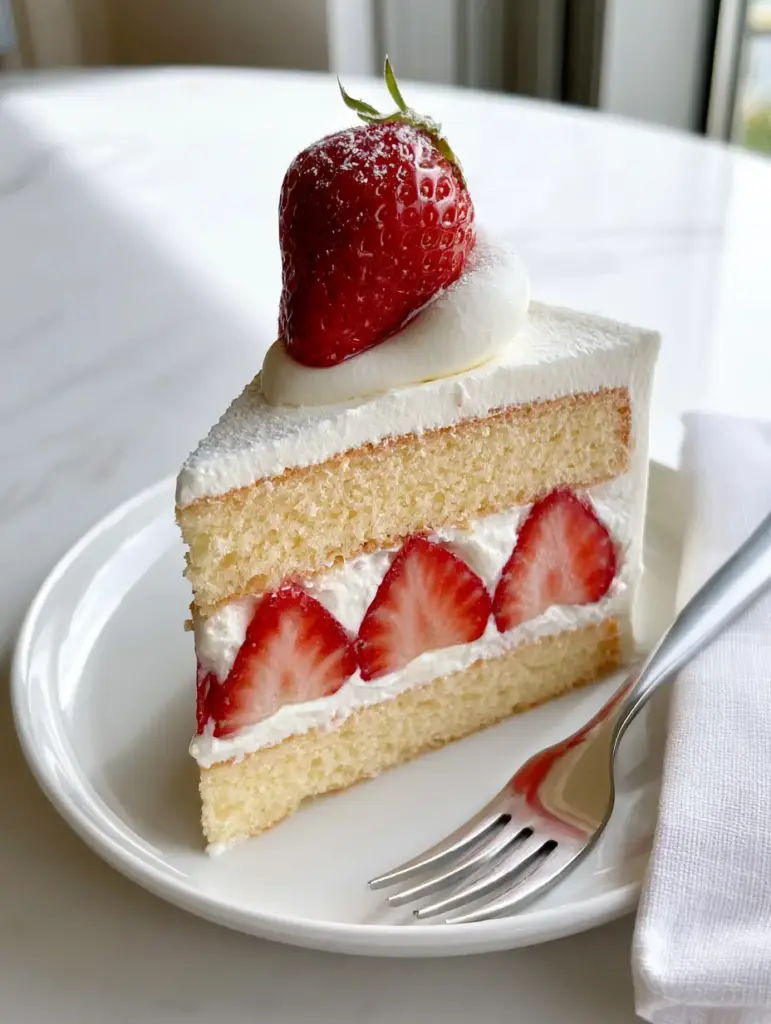 Japanese Strawberry Shortcake: The Ultimate Light and Airy Recipe 1 Close up of the texture of a Japanese strawberry shortcake showing the fine crumb and sliced strawberry hearts.