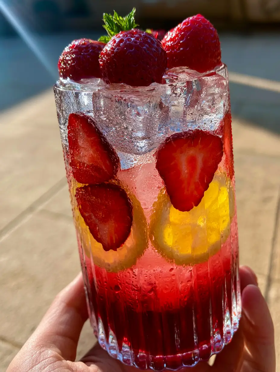 Hibiscus Tea Strawberry-Lemonade: A Refreshing Layered Summer Drink 4 Close up of crystal clear ice cubes and strawberry hearts in a Hibiscus Tea Strawberry-Lemonade.