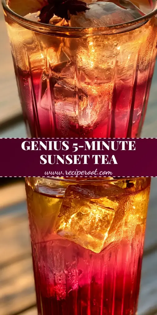 Peach Hibiscus Sunset Tea: The Ultimate Refreshing Summer Sipper 4 A tall ribbed glass showcasing the Peach Hibiscus Sunset Tea with a vibrant fuchsia bottom and amber top layer, garnished with peach slices.