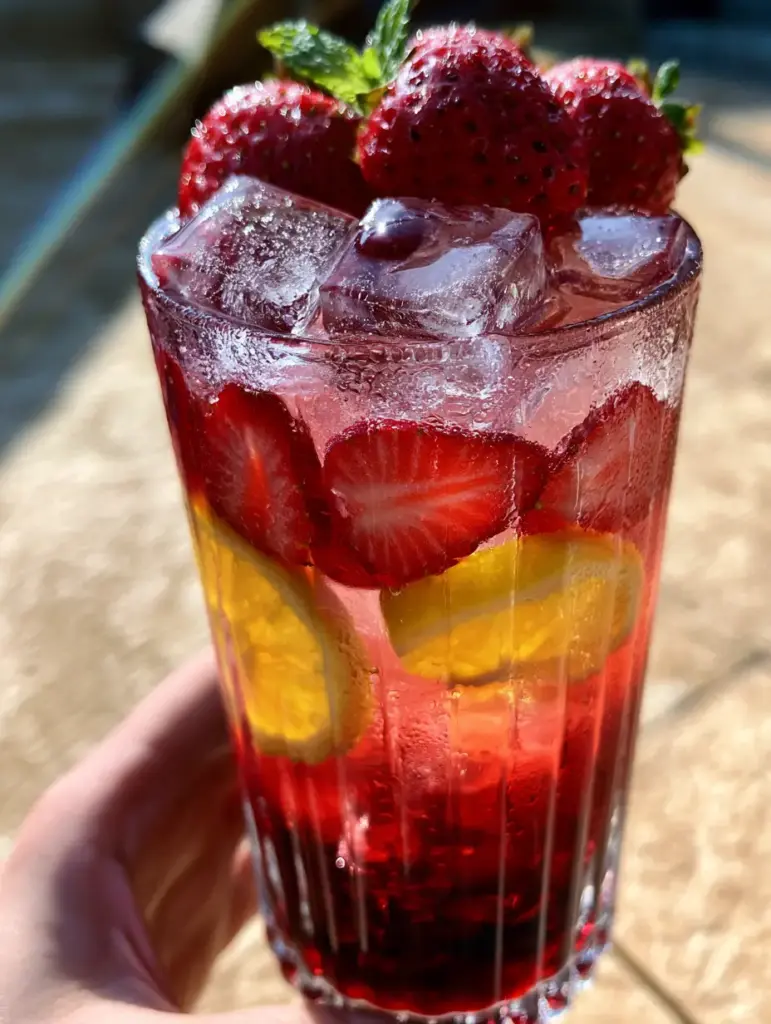 Hibiscus Tea Strawberry-Lemonade: A Refreshing Layered Summer Drink 1 Hand holding a tall glass of Hibiscus Tea Strawberry-Lemonade on a sun-drenched patio.
