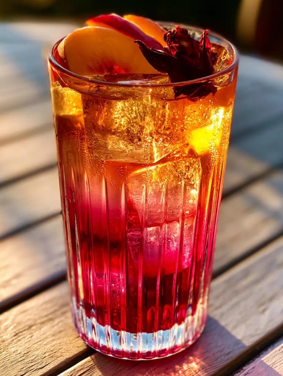 Peach Hibiscus Sunset Tea: The Ultimate Refreshing Summer Sipper 3 Detailed shot of Peach Hibiscus Sunset Tea in golden hour light with crystal-clear square ice cubes.