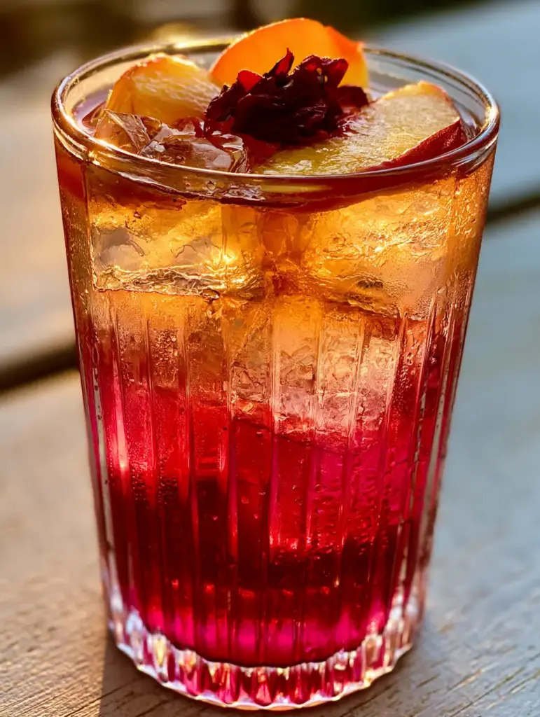 Peach Hibiscus Sunset Tea: The Ultimate Refreshing Summer Sipper 1 A close-up of the condensation and peach garnish on the Peach Hibiscus Sunset Tea.