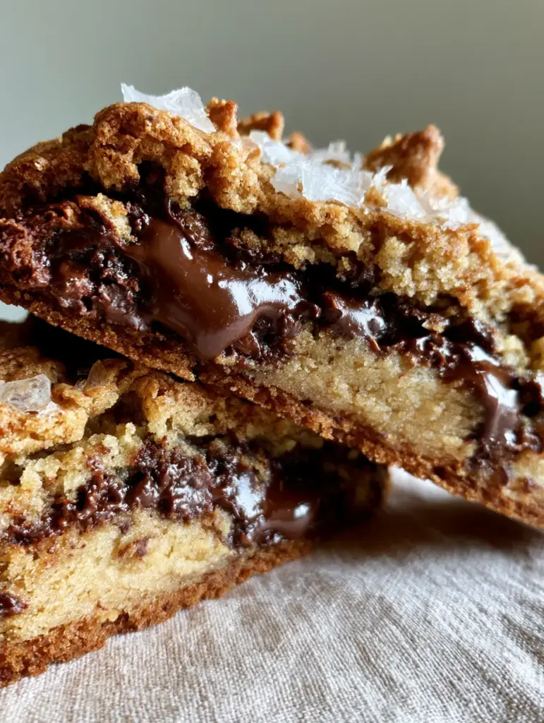 Levain Bakery Cookies: The Ultimate 6-Ounce Copycat Recipe 1 A side view of a golden-brown craggy cookie with flaky sea salt and toasted walnuts.