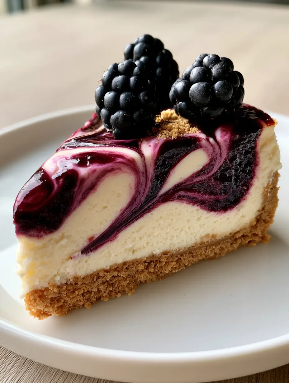 Blackberry Cheesecake with Glossy Marble Swirl and Graham Crust 3 Close-up of Blackberry Cheesecake slice showing the dense ivory filling and deep purple swirl highlights.