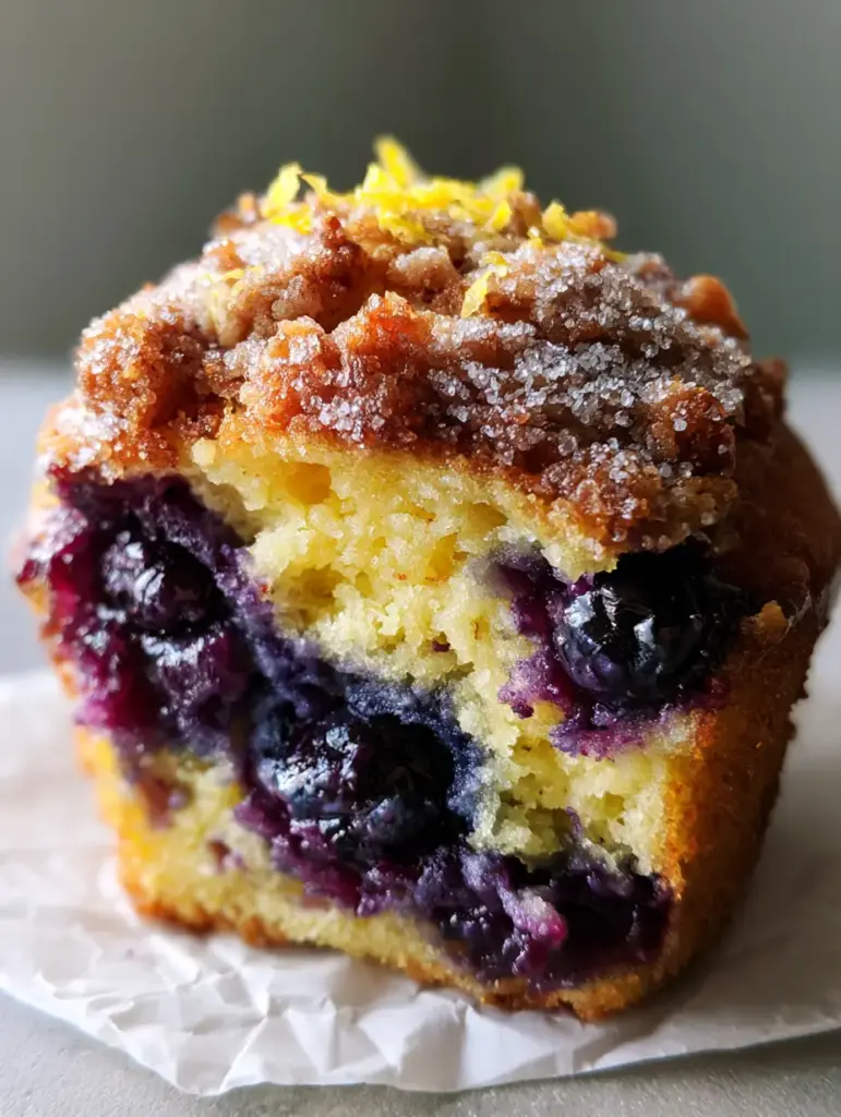 Close-up of a pulled-apart Lemon Berry Muffin showing the steaming, ultra-moist yellow cake interior and burst blueberries.