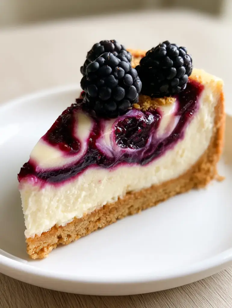 Blackberry Cheesecake with Glossy Marble Swirl and Graham Crust 1 Smartphone photo of Blackberry Cheesecake on a neutral wood tabletop with natural afternoon lighting.
