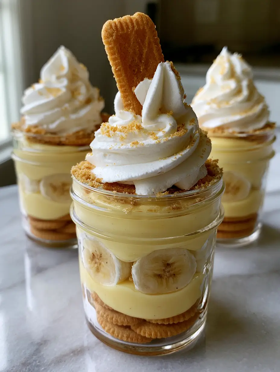 Nilla Wafer Banana Pudding Cups: The Ultimate Individual Layered Dessert 3 Close up of layered pudding cups showing pale yellow custard and fresh bananas. (nilla wafer banana pudding cups)