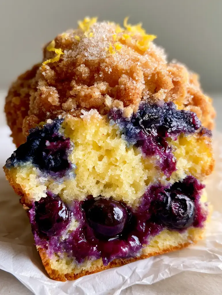 Lemon Berry Muffins with Chunky Buttery Streusel 1 Overhead shot of Lemon Berry Muffins with chunky golden-brown streusel and fresh lemon zest curls.
