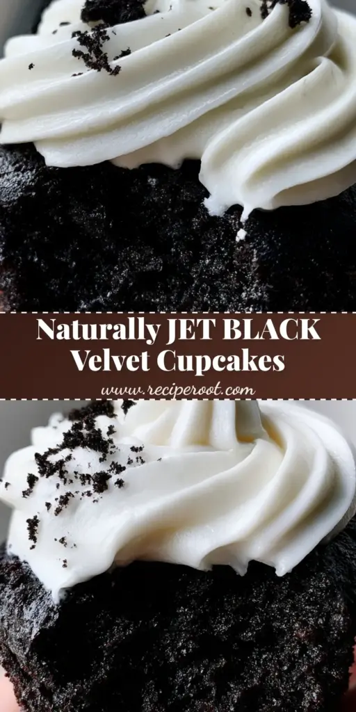 black velvet cupcakes with thick cream cheese frosting 4 A handheld close-up of a jet-black velvet cupcake with a thick swirl of white cream cheese frosting and black crumbs. (black velvet cupcakes)