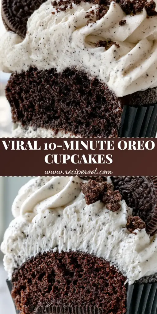 Oreo Cupcakes with a Hidden Cookie Base and Cookies & Cream Frosting 3 A vertical photo of gourmet oreo cupcakes with tall cookies and cream frosting swirls and mini Oreo garnish.
