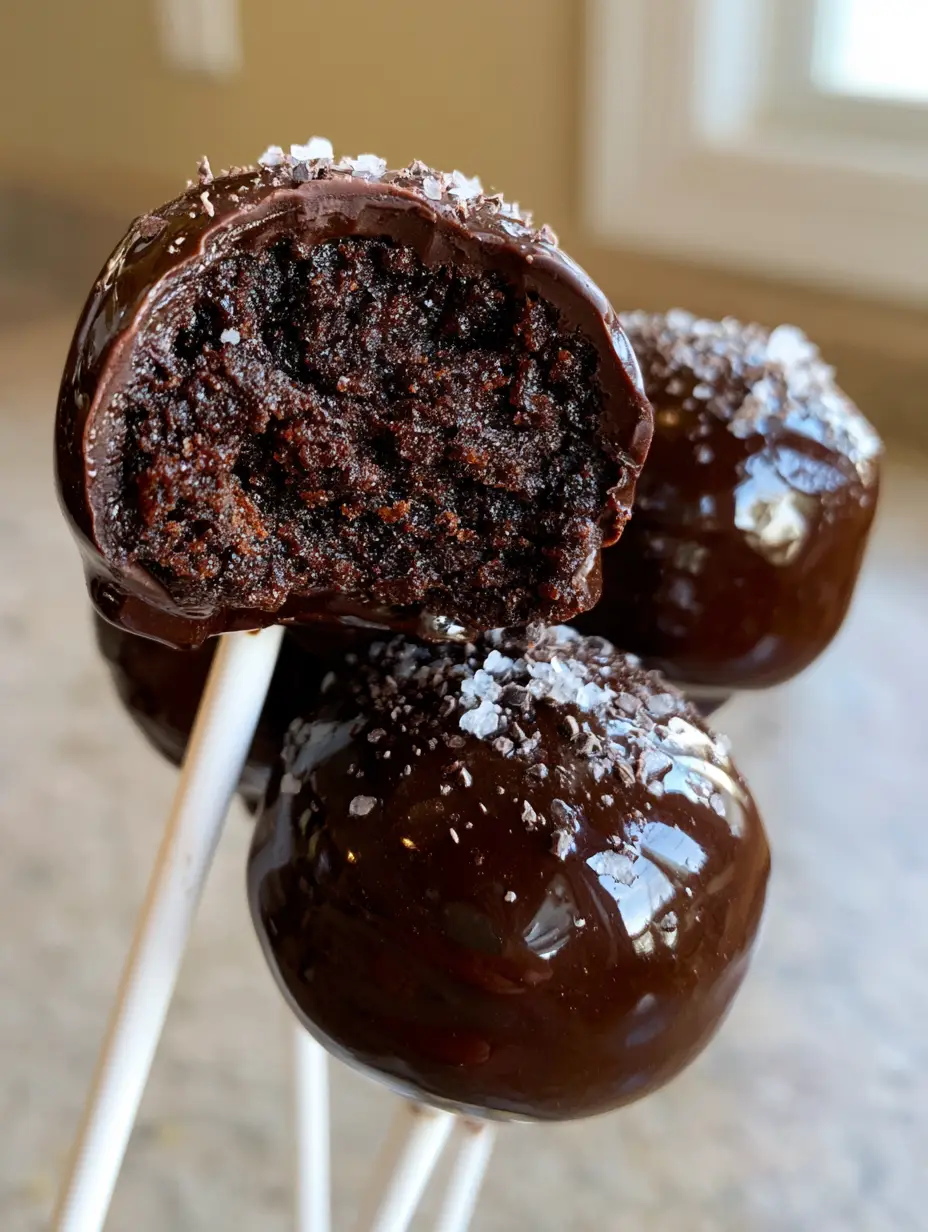 A smartphone photo of three gourmet Chocolate cake pops; one has a bite taken out revealing a dense, fudgy interior with no crumbs. (Chocolate cake pops)