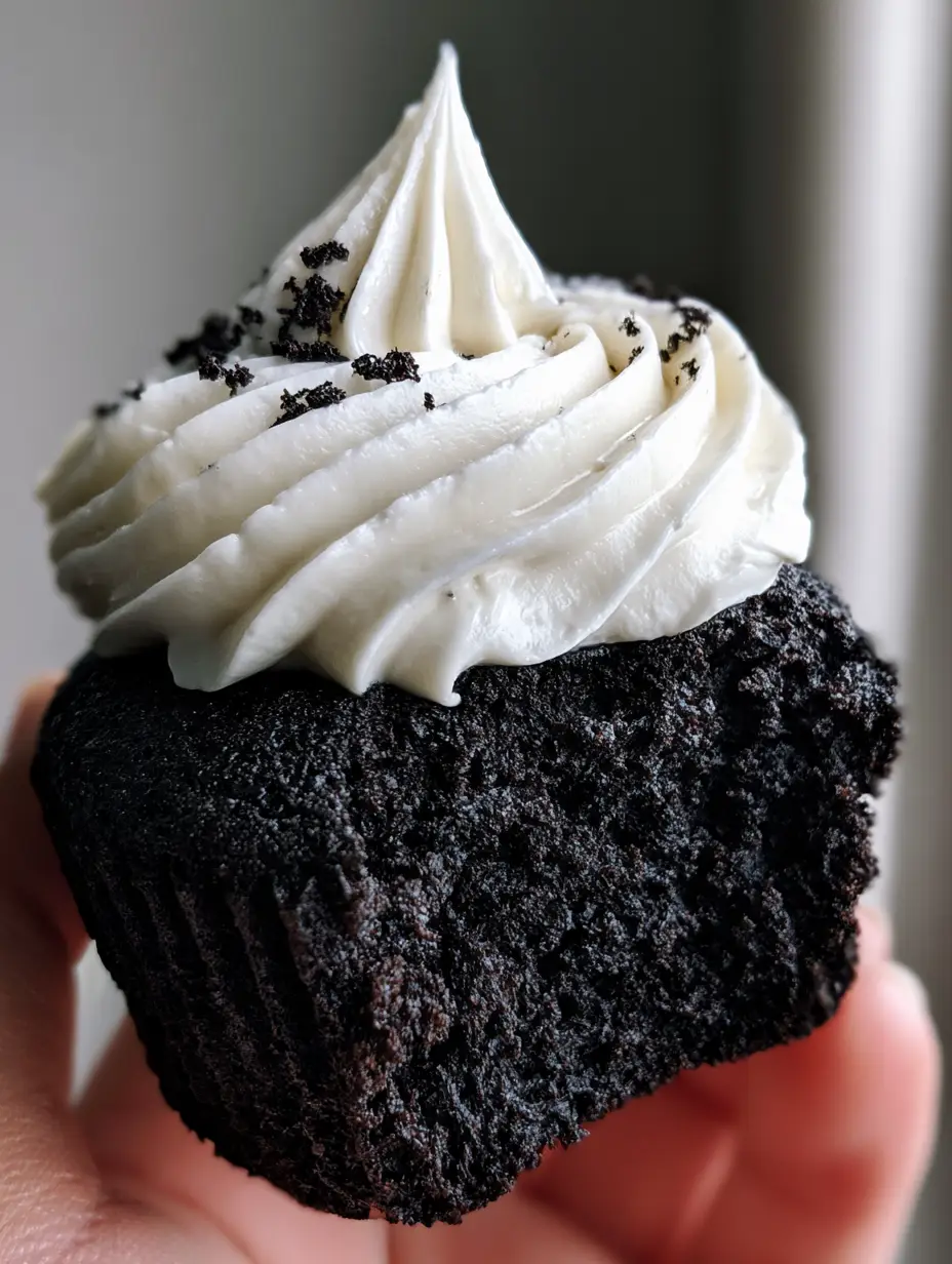 black velvet cupcakes with thick cream cheese frosting 3 A half-eaten black velvet cupcake showing the moist, porous jet-black crumb and thick white frosting ridges. (black velvet cupcakes)