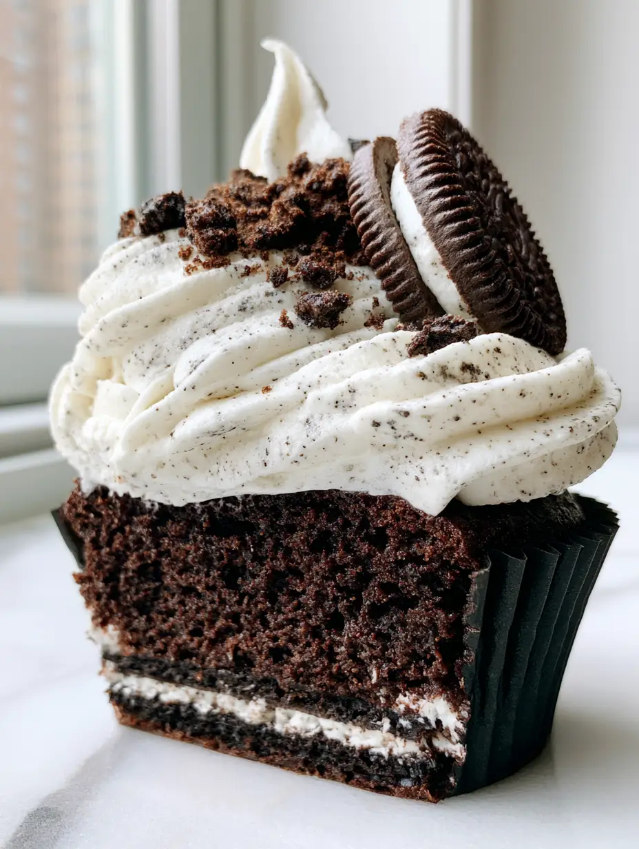 Oreo Cupcakes with a Hidden Cookie Base and Cookies & Cream Frosting 4 Close-up cross section of oreo cupcakes showing the whole cookie base and porous dark chocolate cake.
