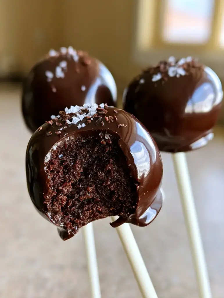 Close up of Chocolate cake pops showing the smooth tempered dark chocolate coating and matte white sticks in a soft-focus kitchen.