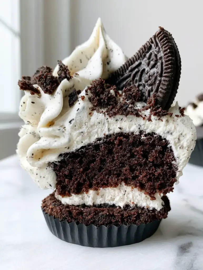 Oreo Cupcakes with a Hidden Cookie Base and Cookies & Cream Frosting 1 Detailed view of the cookies and cream buttercream frosting with fine cookie specks on oreo cupcakes.