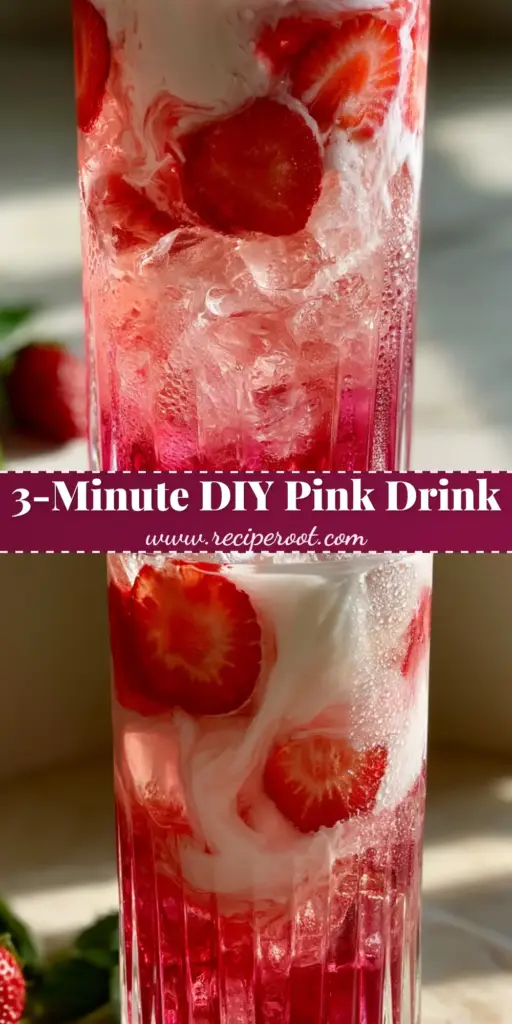 Starbucks Pink Drink Recipe: The Ultimate Creamy Copycat 3 A tall ribbed glass filled with a layered Starbucks Pink Drink featuring magenta tea, creamy coconut milk, and fresh strawberry slices on a marble surface.