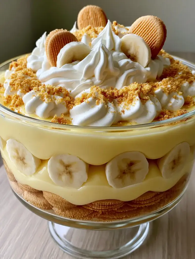 Banana Pudding: The Ultimate Thick and Creamy Southern Trifle Recipe 2 Close-up shot showing the thick, velvety texture of vanilla custard layered with firm, circular banana slices in a glass bowl. (Banana Pudding)