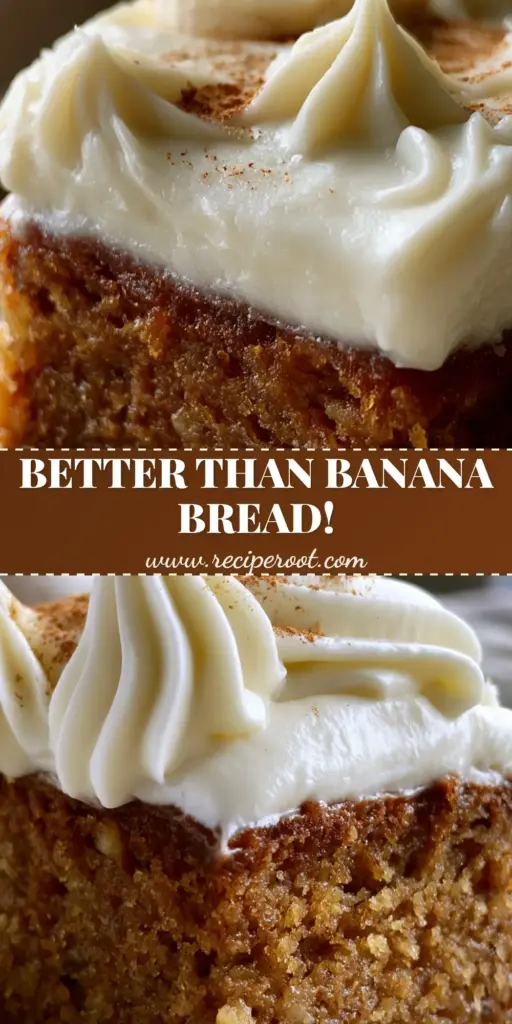 Banana Bars with Thick Swirled Cream Cheese Frosting 3 A tall vertical Pinterest pin showing a thick square-cut banana bar with deep frosting swirls, a banana slice, and cinnamon dusting. (banana bars)