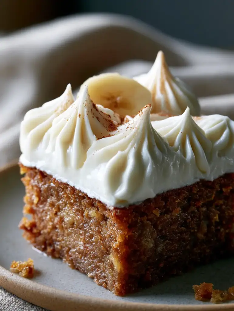 Banana Bars with Thick Swirled Cream Cheese Frosting 2 Extreme macro close-up of a thick banana bar showing the moist fudgy crumb and velvet-smooth frosting swirls. (banana bars)