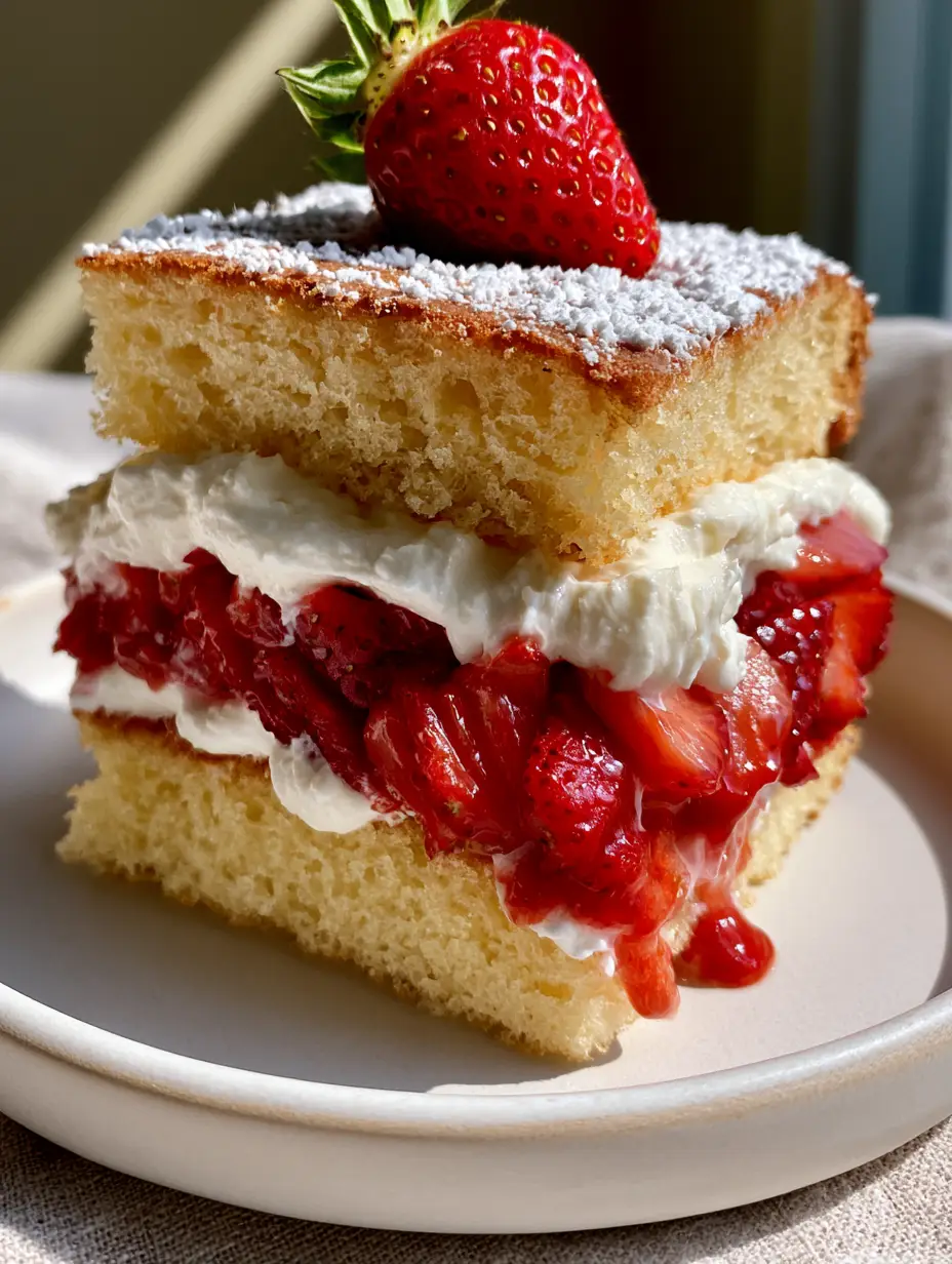 Close-up of strawberry sponge cake showing the fine bubbles in the golden crumb and juicy strawberries. (strawberry sponge cake)