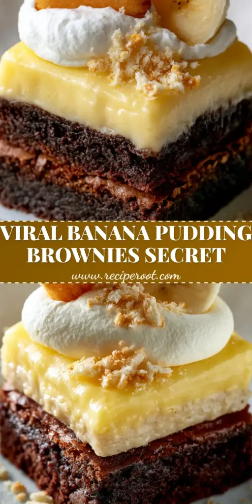 Banana Pudding Brownies: The Ultimate Fudgy Layered Dessert 4 A vertical stack of three thick banana pudding brownies featuring a fudgy dark chocolate base and a thick pale yellow custard layer topped with whipped cream and Nilla wafers.