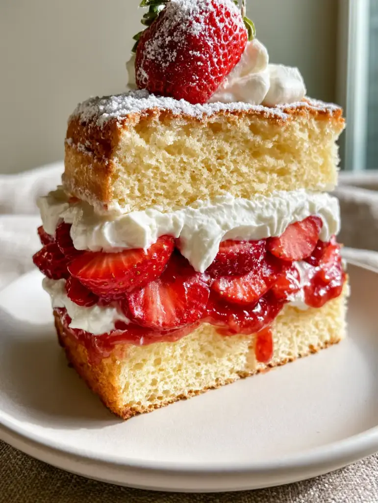 A handheld photo of a slice of strawberry sponge cake with glossy coulis dripping down the side.