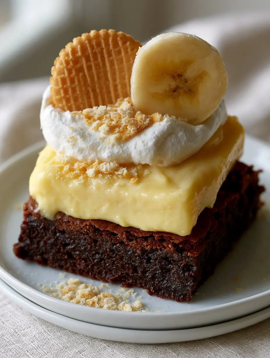 Banana Pudding Brownies: The Ultimate Fudgy Layered Dessert 3 Eye-level close up of fudgy banana pudding brownies with whipped cream swirls and vanilla wafer crumbs on a white plate.