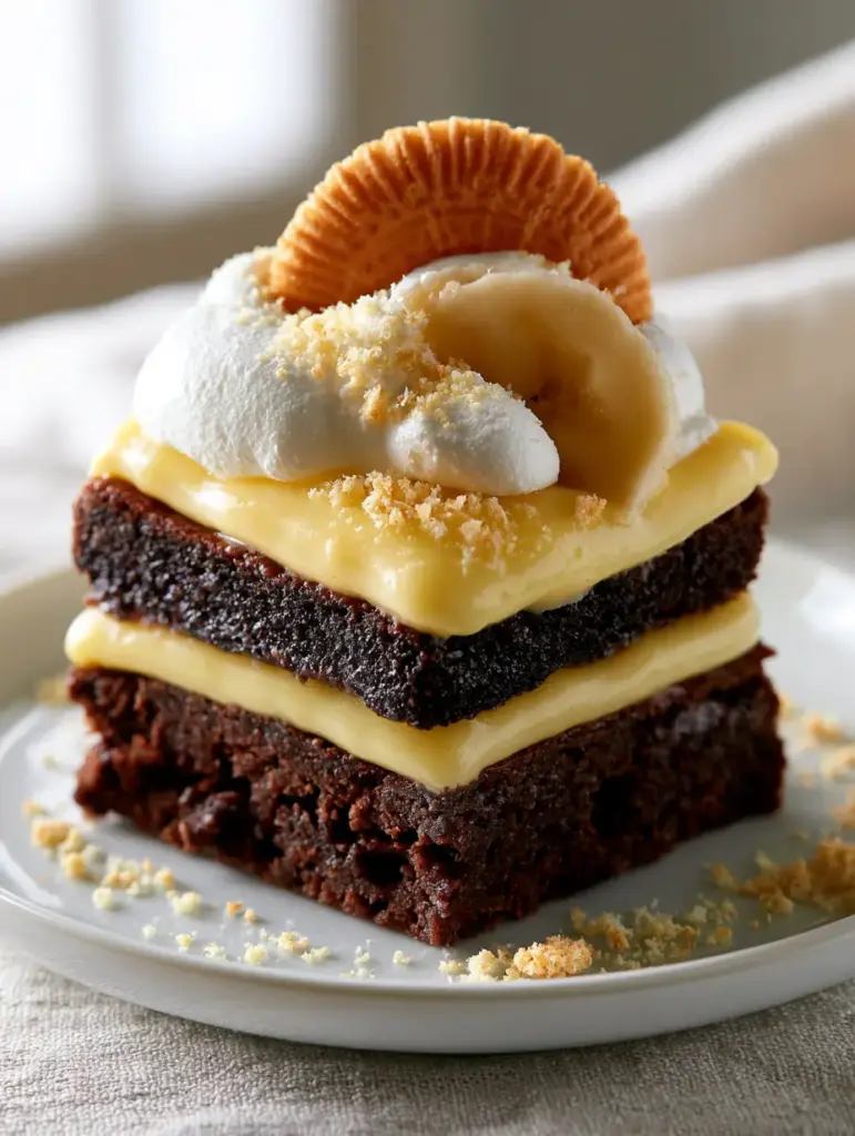 Banana Pudding Brownies: The Ultimate Fudgy Layered Dessert 1 Side view of layered banana pudding brownies showing the stable custard layer and chewy brownie base.