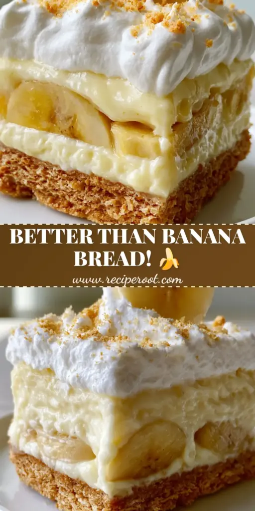 Banana Cream Bars: The Ultimate No-Bake Layered Dessert Recipe 4 A thick, multi-layered Banana Cream Bar with a graham cracker crust, pale yellow banana pudding, and cloud-like whipped cream topped with graham crumbs.